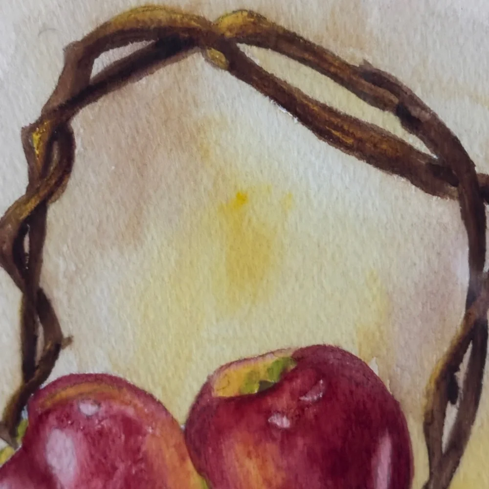 Vintage Original Artwork Watercolor of Apples in a Basket Folkart Hand Painted